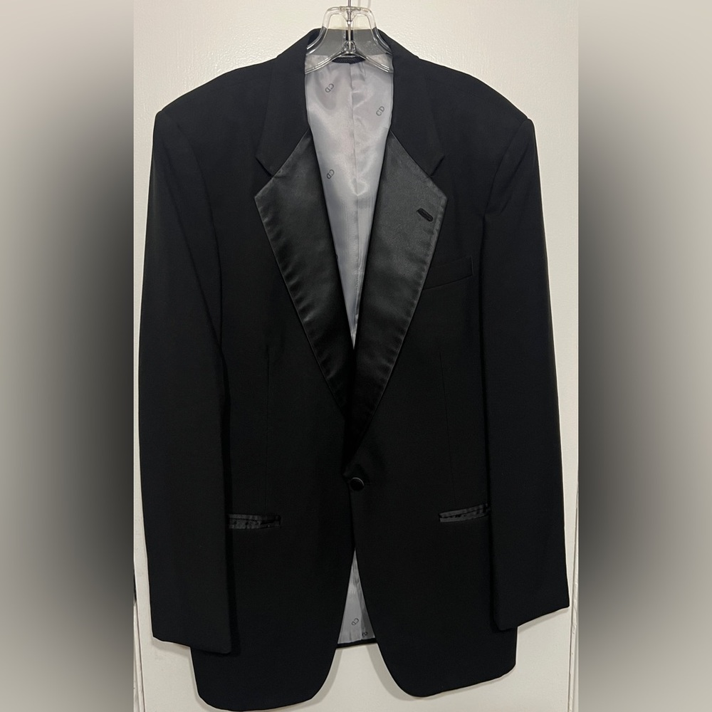 Vintage Christian Dior Monsieur Tuxedo Jacket 42L Black Satin Peak Lapel 1988